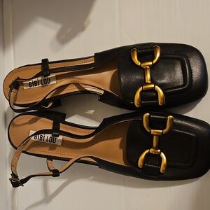 New BIBI LOU Black Leather Low Heel Slingback Heels Size 40